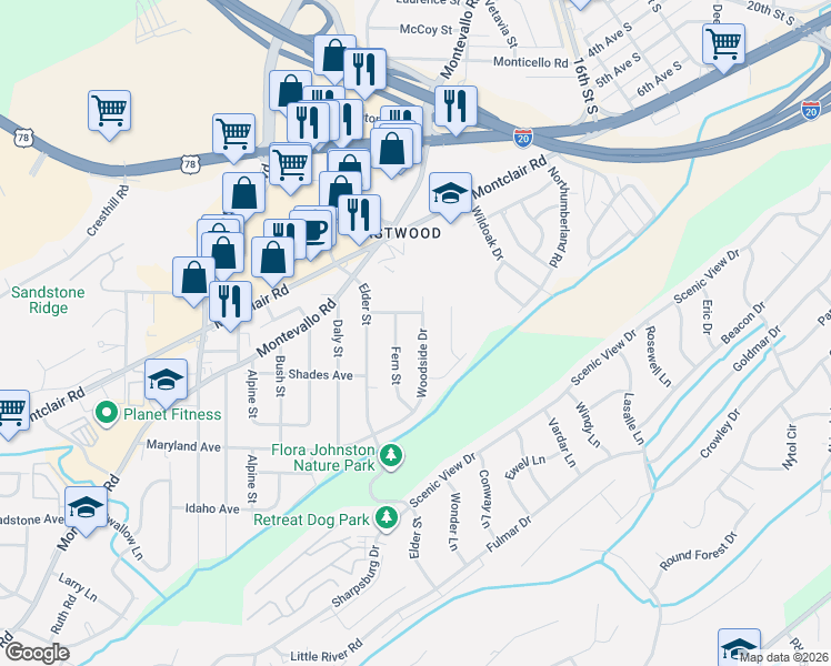 map of restaurants, bars, coffee shops, grocery stores, and more near 129 Woodside Drive in Irondale