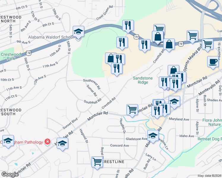 map of restaurants, bars, coffee shops, grocery stores, and more near 1317 Southhall Road in Birmingham