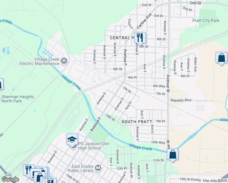 map of restaurants, bars, coffee shops, grocery stores, and more near 713 Avenue F in Birmingham