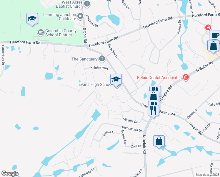 map of restaurants, bars, coffee shops, grocery stores, and more near 4550 Cox Road in Evans