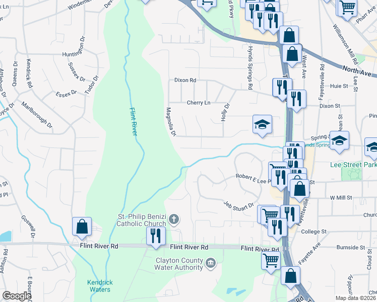 map of restaurants, bars, coffee shops, grocery stores, and more near 582 Sycamore Drive in Jonesboro