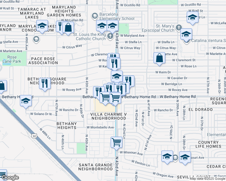 map of restaurants, bars, coffee shops, grocery stores, and more near 6030 North 43rd Avenue in Glendale