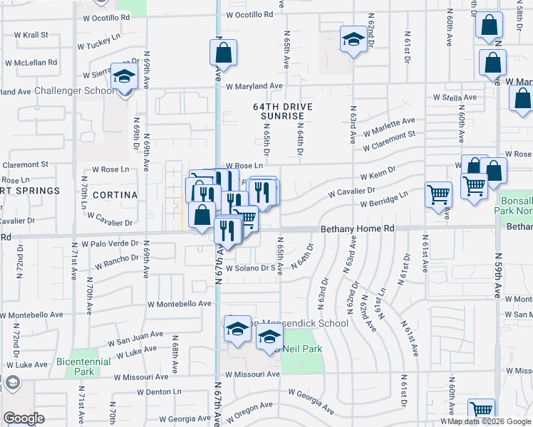 map of restaurants, bars, coffee shops, grocery stores, and more near 6514 West Bethany Home Road in Glendale