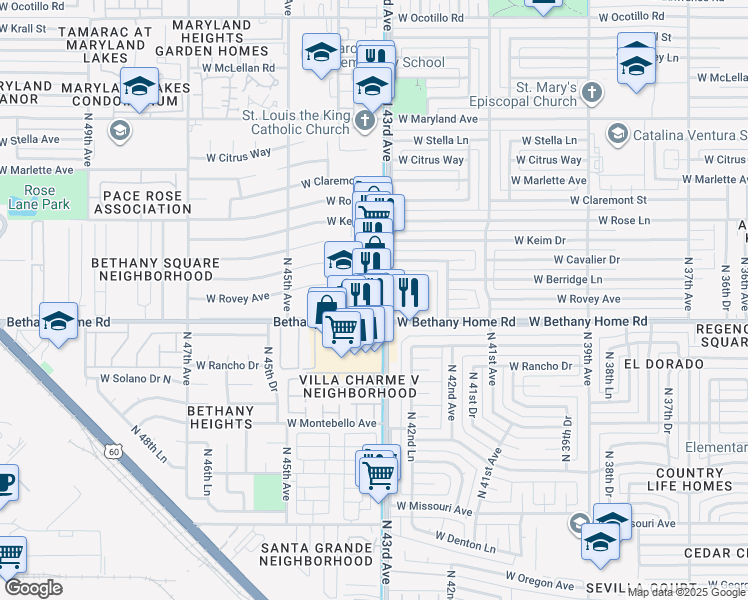 map of restaurants, bars, coffee shops, grocery stores, and more near 6030 North 43rd Avenue in Glendale