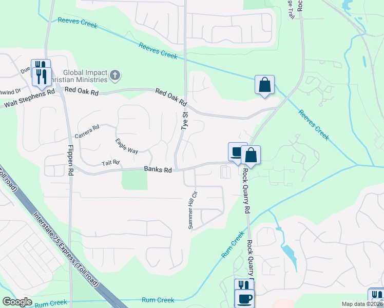 map of restaurants, bars, coffee shops, grocery stores, and more near 142 Brandon Ridge Circle in Stockbridge