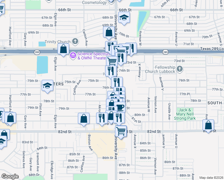 map of restaurants, bars, coffee shops, grocery stores, and more near 7602 University Avenue in Lubbock