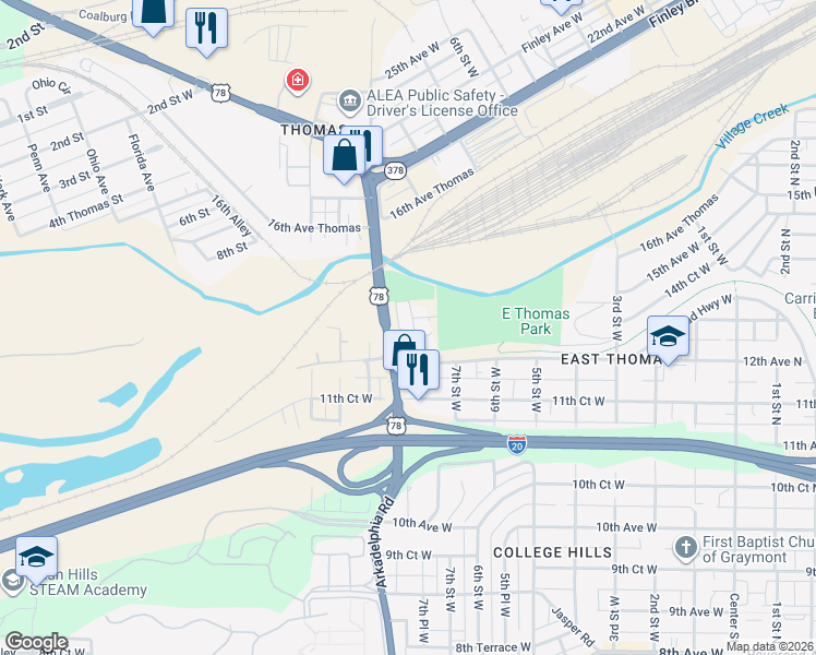 map of restaurants, bars, coffee shops, grocery stores, and more near 1220 8th Street West in Birmingham