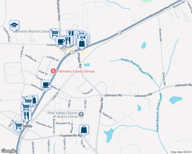map of restaurants, bars, coffee shops, grocery stores, and more near 180 Pine Terrace in Palmetto