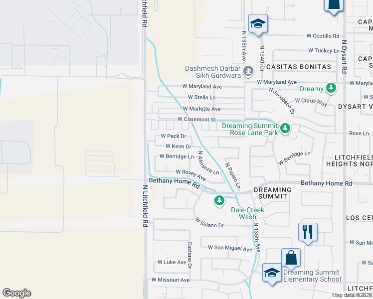 map of restaurants, bars, coffee shops, grocery stores, and more near 13716 West Keim Drive in Litchfield Park