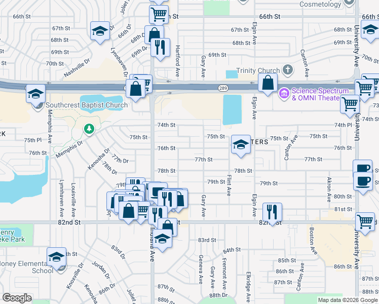 map of restaurants, bars, coffee shops, grocery stores, and more near 3209 76th Street in Lubbock