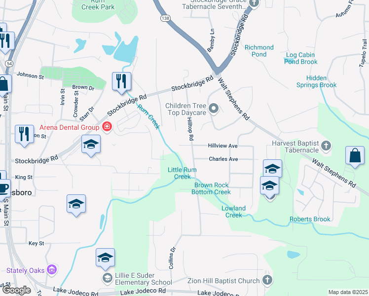 map of restaurants, bars, coffee shops, grocery stores, and more near 1607 Hillview Avenue in Jonesboro
