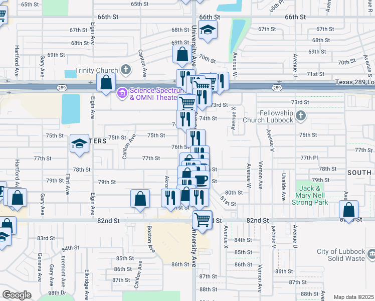map of restaurants, bars, coffee shops, grocery stores, and more near 7602 University Avenue in Lubbock