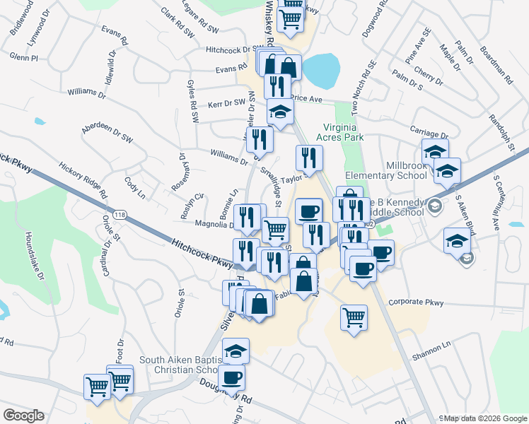 map of restaurants, bars, coffee shops, grocery stores, and more near 129 Taylor Street in Aiken