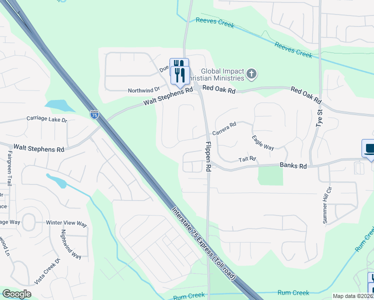 map of restaurants, bars, coffee shops, grocery stores, and more near 72 Arbor Cove Drive in Stockbridge