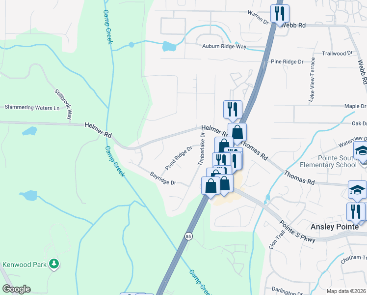 map of restaurants, bars, coffee shops, grocery stores, and more near 1111 Pond Ridge Drive in Riverdale