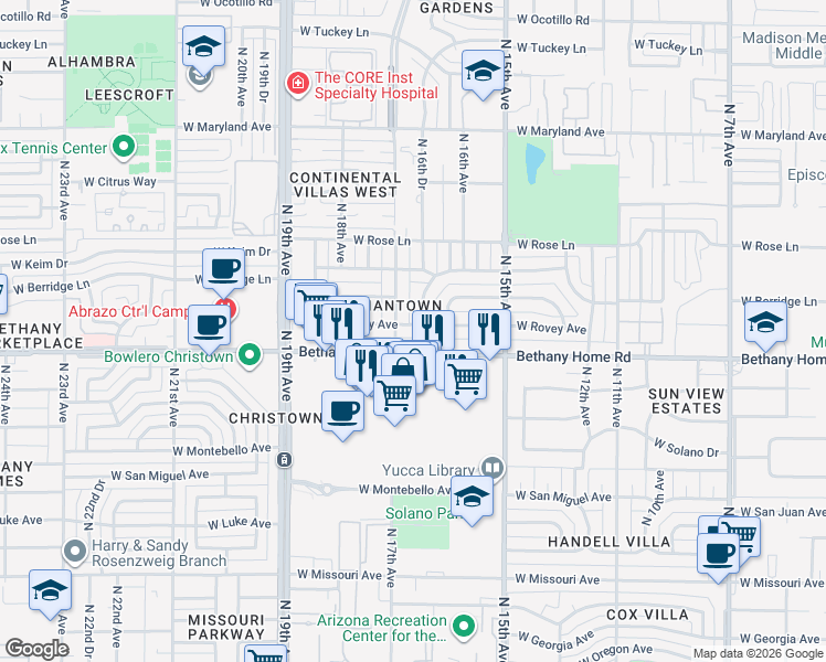 map of restaurants, bars, coffee shops, grocery stores, and more near 6027 North 17th Avenue in Phoenix