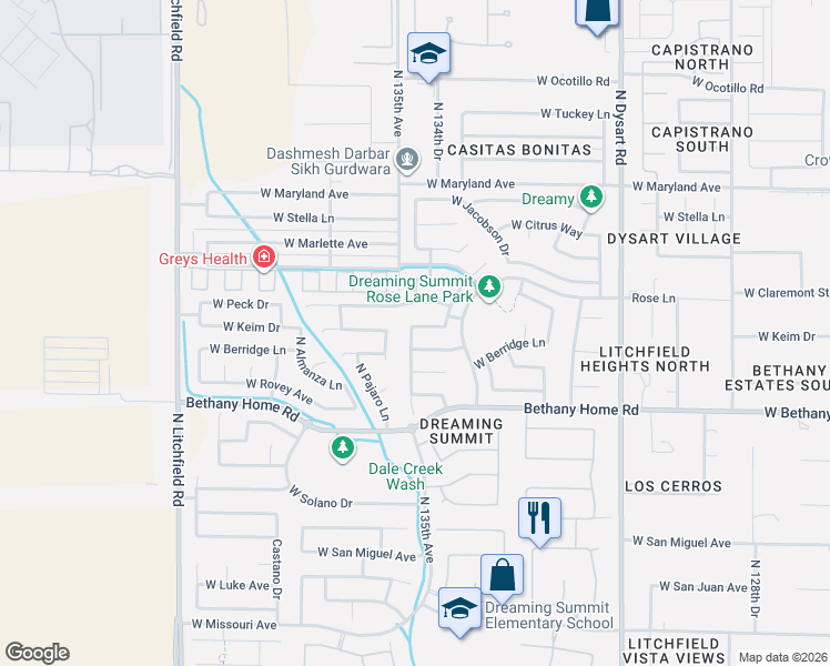 map of restaurants, bars, coffee shops, grocery stores, and more near 13433 West Keim Drive in Litchfield Park
