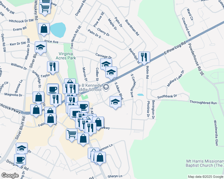 map of restaurants, bars, coffee shops, grocery stores, and more near 274 East Pine Log Road in Aiken
