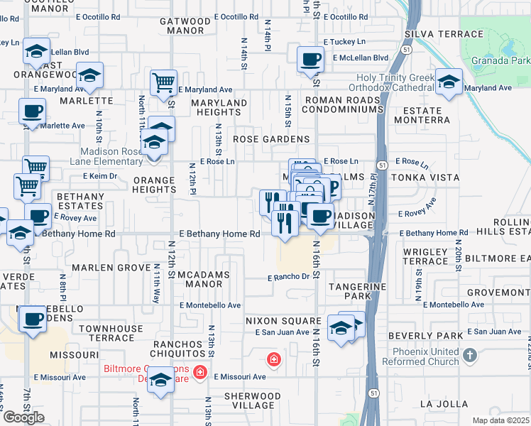 map of restaurants, bars, coffee shops, grocery stores, and more near 6030 North 15th Street in Phoenix
