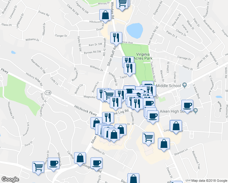 map of restaurants, bars, coffee shops, grocery stores, and more near 103 Smallridge Street in Aiken