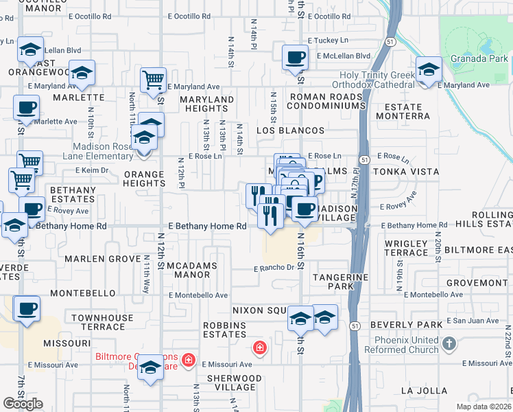 map of restaurants, bars, coffee shops, grocery stores, and more near 6030 North 15th Street in Phoenix