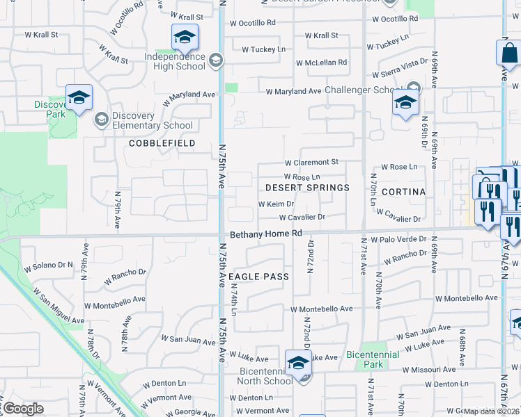 map of restaurants, bars, coffee shops, grocery stores, and more near 7347 West Keim Drive in Glendale