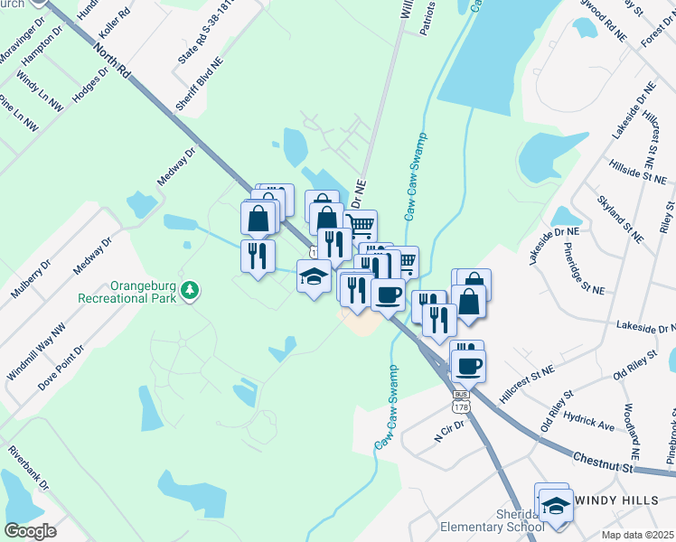 map of restaurants, bars, coffee shops, grocery stores, and more near 2651 North Road in Orangeburg