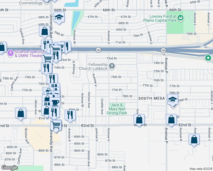 map of restaurants, bars, coffee shops, grocery stores, and more near 2101 77th Street in Lubbock