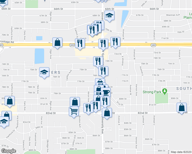 map of restaurants, bars, coffee shops, grocery stores, and more near 7602 University Avenue in Lubbock