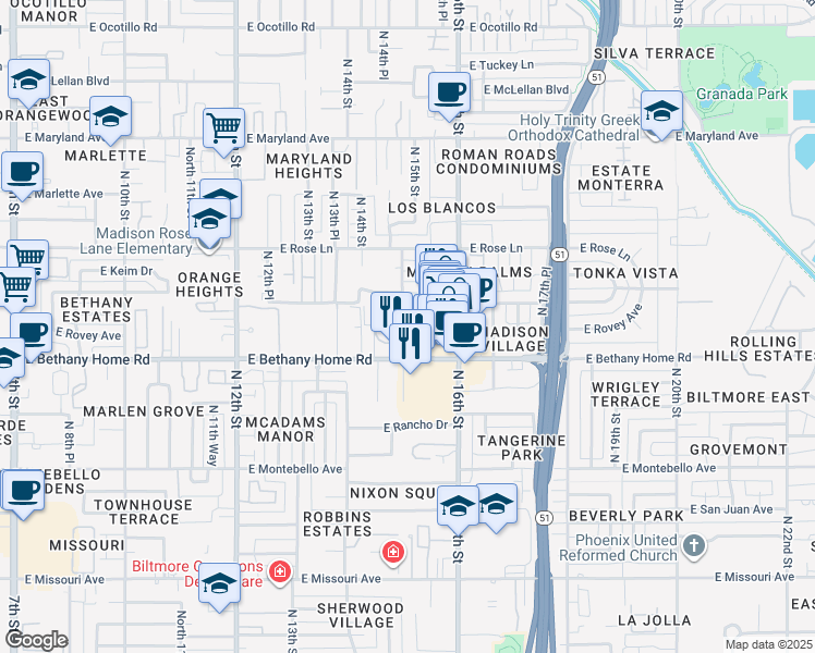 map of restaurants, bars, coffee shops, grocery stores, and more near 6040 North 15th Street in Phoenix