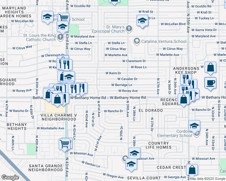 map of restaurants, bars, coffee shops, grocery stores, and more near 3938 West Rovey Avenue in Phoenix