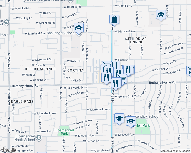 map of restaurants, bars, coffee shops, grocery stores, and more near 6816 West Bethany Home Road in Glendale