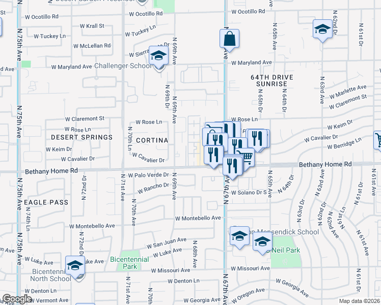 map of restaurants, bars, coffee shops, grocery stores, and more near 6816 West Bethany Home Road in Glendale