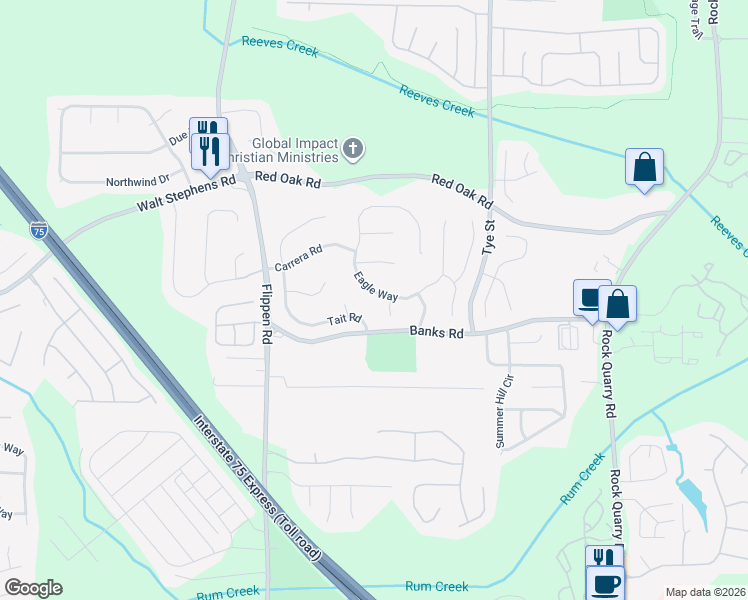 map of restaurants, bars, coffee shops, grocery stores, and more near 233 Eagle Way in Stockbridge