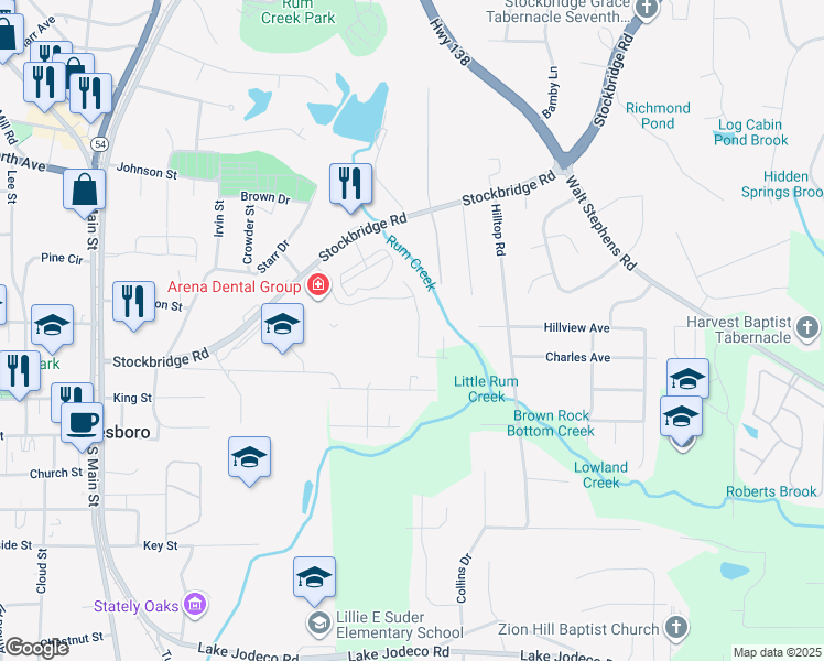 map of restaurants, bars, coffee shops, grocery stores, and more near 8419 Douglass Trail in Jonesboro