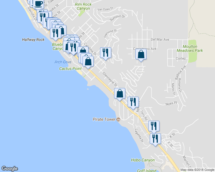 map of restaurants, bars, coffee shops, grocery stores, and more near 2358 South Coast Highway in Laguna Beach
