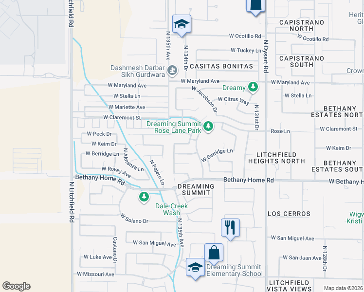 map of restaurants, bars, coffee shops, grocery stores, and more near 13433 West Keim Drive in Litchfield Park