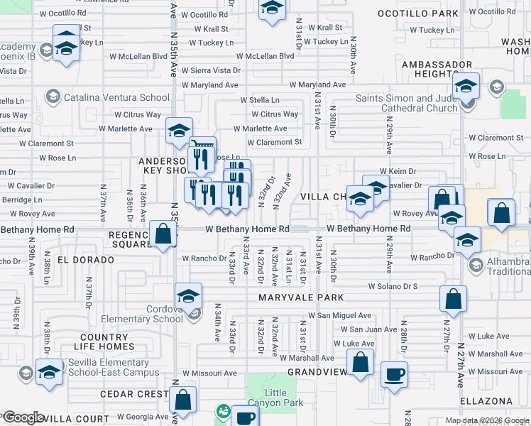 map of restaurants, bars, coffee shops, grocery stores, and more near 6023 North 33rd Avenue in Phoenix