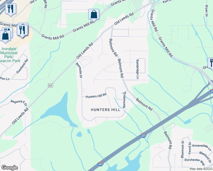 map of restaurants, bars, coffee shops, grocery stores, and more near 5536 Hunters Hill Road in Irondale