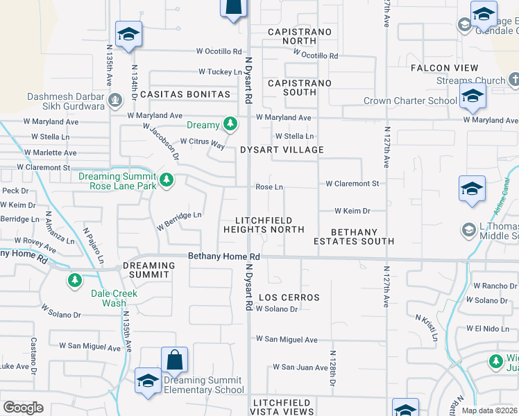 map of restaurants, bars, coffee shops, grocery stores, and more near 6127 North Dysart Road in Litchfield Park