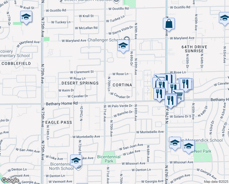map of restaurants, bars, coffee shops, grocery stores, and more near 7032 West Cavalier Drive in Glendale
