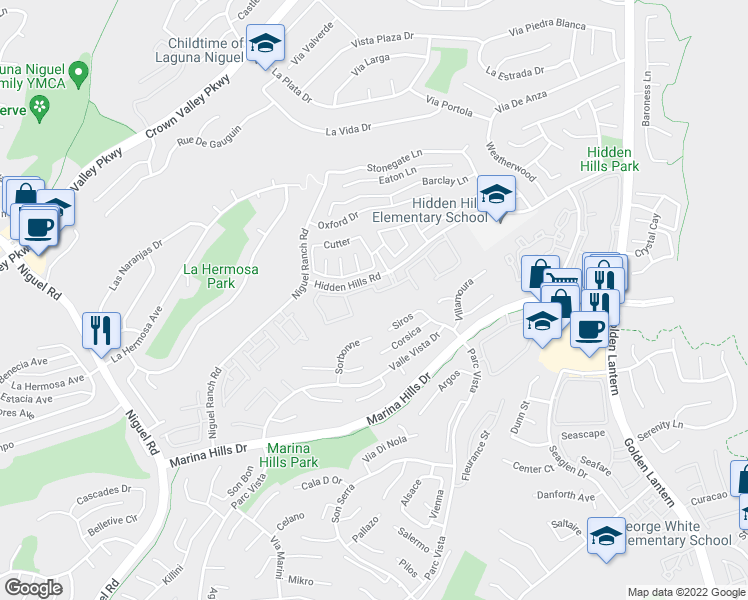 map of restaurants, bars, coffee shops, grocery stores, and more near 24922 Hidden Hills Road in Laguna Niguel