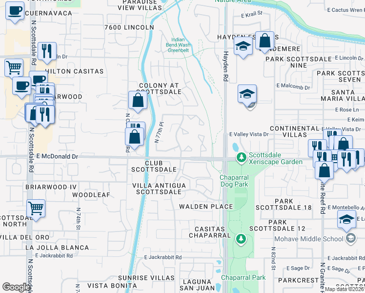 map of restaurants, bars, coffee shops, grocery stores, and more near 7808 East Rovey Avenue in Scottsdale
