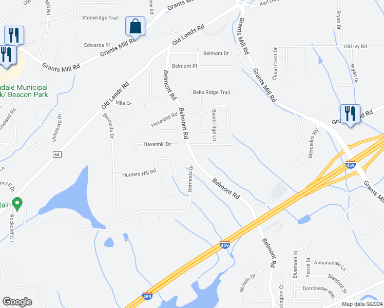 map of restaurants, bars, coffee shops, grocery stores, and more near 3645 Belmont Road in Irondale