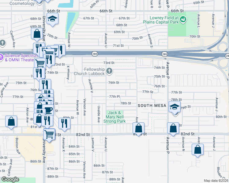 map of restaurants, bars, coffee shops, grocery stores, and more near 1929 77th St in Lubbock