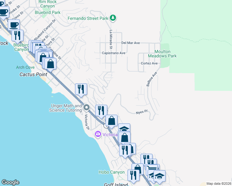 map of restaurants, bars, coffee shops, grocery stores, and more near 480 Nyes Place in Laguna Beach