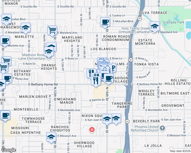 map of restaurants, bars, coffee shops, grocery stores, and more near 6040 North 15th Street in Phoenix