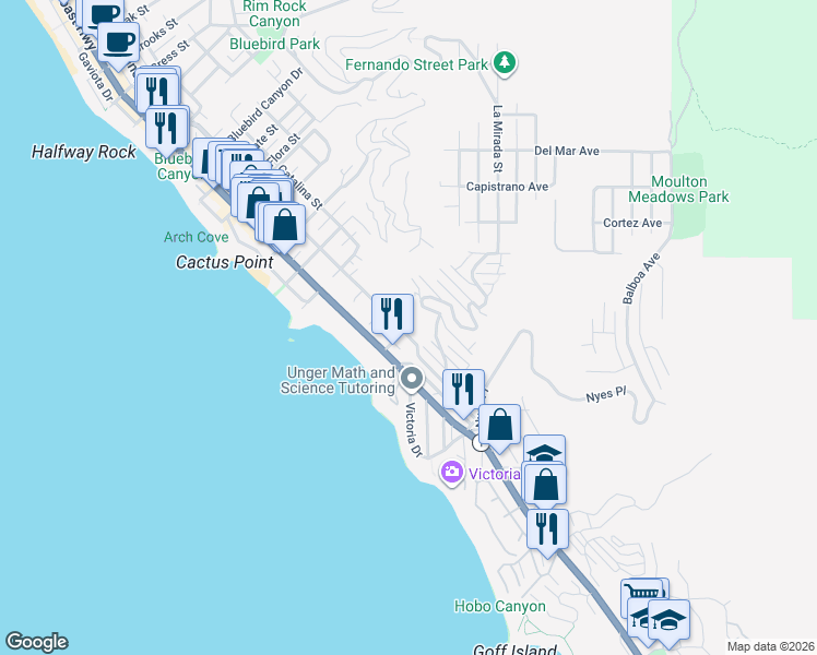 map of restaurants, bars, coffee shops, grocery stores, and more near 2460 Glenneyre Street in Laguna Beach