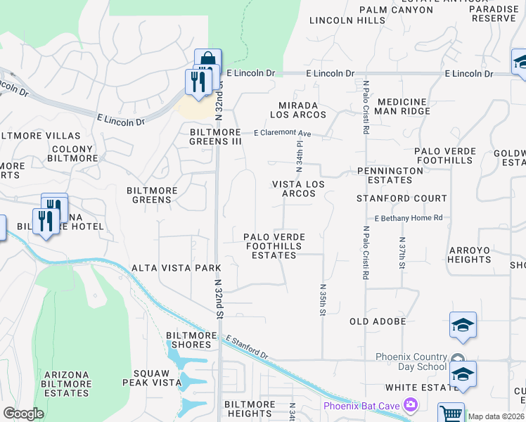 map of restaurants, bars, coffee shops, grocery stores, and more near 5938 North 33rd Street in Paradise Valley