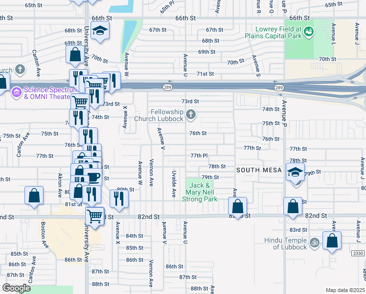 map of restaurants, bars, coffee shops, grocery stores, and more near 2101 77th Street in Lubbock